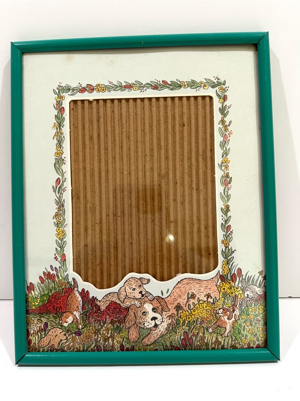 Rare Vintage Metal Teal Dogs Puppies Picture Frame w Art Trim Border Retro 5x7
